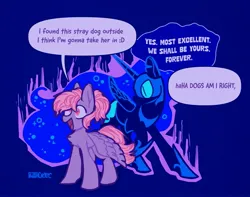Size: 4096x3234 | Tagged: safe, artist:pastacrylic, derpibooru import, derpy hooves, nightmare moon, princess luna, alicorn, pegasus, pony, :d, blue background, derpy being derpy, dialogue, duo, female, happy, helmet, image, jewelry, jpeg, lesbian, lunaderp, mare, open mouth, open smile, regalia, ship:nightmarederp, shipping, simple background, smiling