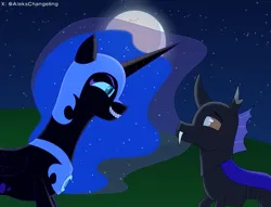 Size: 1635x1250 | Tagged: safe, artist:alejandrogmj, derpibooru import, nightmare moon, oc, oc:alejandrogmj, alicorn, changeling, changeling oc, image, looking at each other, looking at someone, moon, night, png, stars