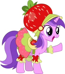 Size: 1330x1510 | Tagged: safe, derpibooru import, amethyst star, pony, unicorn, one bad apple, clothes, costume, female, food, hat, image, mare, png, raised hoof, simple background, solo, strawberry, transparent background, vector, waving