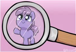 Size: 2444x1665 | Tagged: safe, artist:heretichesh, derpibooru import, oc, oc:fil'lil, unofficial characters only, earth pony, pony, cute, female, filfil, filly, foal, image, magnifying glass, micro, ocbetes, png, signature, smiling, smol, solo, waving