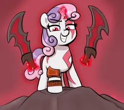 Size: 2139x1896 | Tagged: safe, artist:heretichesh, derpibooru import, sweetie belle, pony, unicorn, blades of chaos, female, filly, foal, glow, glowing horn, god of war, grin, horn, image, kratos, levitation, magic, png, red eyes, smiling, solo, sword, telekinesis, weapon