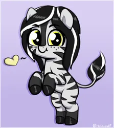 Size: 1314x1474 | Tagged: safe, artist:heretichesh, derpibooru import, oc, oc:ivana, unofficial characters only, pony, zebra, bipedal, cute, female, filly, foal, freckles, gradient background, heart, image, looking at you, ocbetes, png, signature, smiling, smiling at you, solo, zebra oc