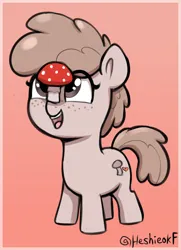 Size: 1016x1402 | Tagged: safe, artist:heretichesh, derpibooru import, oc, unofficial characters only, earth pony, pony, balancing, cute, female, filly, foal, freckles, gradient background, image, mushroom, open mouth, open smile, png, ponies balancing stuff on their nose, smiling, solo