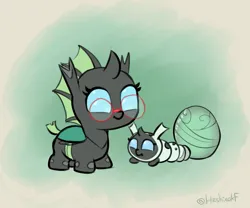 Size: 1423x1184 | Tagged: safe, artist:heretichesh, derpibooru import, oc, oc:yvette (evan555alpha), unofficial characters only, changeling, changeling larva, nymph, changeling egg, changeling oc, cute, cuteling, duo, female, glasses, green changeling, grub, image, larva, png, round glasses, signature