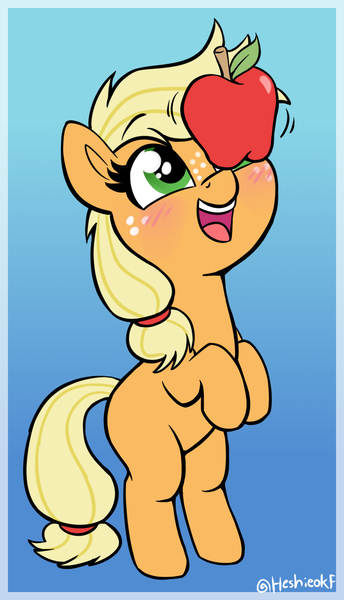 Size: 864x1506 | Tagged: safe, artist:heretichesh, derpibooru import, applejack, earth pony, pony, apple, balancing, cute, female, filly, filly applejack, foal, food, gradient background, hatless, image, jackabetes, missing accessory, open mouth, open smile, png, ponies balancing stuff on their nose, silly, silly pony, smiling, solo, standing on two hooves, weapons-grade cute, who's a silly pony, younger