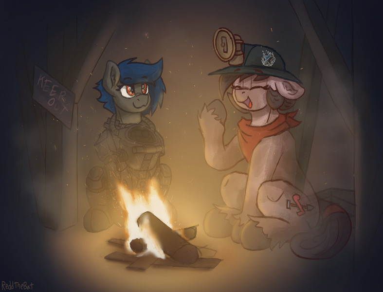 Size: 2637x2011 | Tagged: safe, artist:reddthebat, derpibooru import, oc, oc:number nine, unofficial characters only, earth pony, ghost, ghost pony, pony, undead, fallout equestria, armor, campfire, duo, eyes closed, female, floppy ears, helmet, image, jpeg, laughing, mare, mining helmet, open mouth, open smile, power armor, smiling