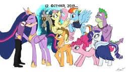 Size: 7000x4000 | Tagged: safe, artist:arkhat, derpibooru import, applejack, discord, fluttershy, pinkie pie, princess twilight 2.0, rainbow dash, rarity, spike, twilight sparkle, twilight sparkle (alicorn), oc, alicorn, dragon, human, the last problem, applejack's hat, chad spike, clothes, cowboy hat, crossed arms, crown, granny smith's shawl, happy birthday mlp:fim, hat, hug, image, implied granny smith, jewelry, jpeg, mane seven, mane six, older, older applejack, older fluttershy, older mane seven, older mane six, older pinkie pie, older rainbow dash, older rarity, older spike, older twilight, older twilight sparkle (alicorn), pants, portal, regalia, scarf, simple background, white background, winged spike, wings