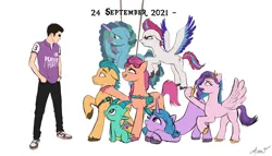 Size: 7000x4000 | Tagged: safe, artist:arkhat, derpibooru import, hitch trailblazer, izzy moonbow, pipp petals, sparky sparkeroni, sunny starscout, zipp storm, oc, dragon, earth pony, human, pegasus, pony, unicorn, g5, absurd resolution, applejack (g5), baby, baby dragon, female, floppy ears, fluttershy (g5), image, jpeg, male, mane five, mane six (g5), mare, misty brightdawn, outstretched hoof, pinkie pie (g5), rainbow dash (g5), rarity (g5), simple background, stallion, twilight sparkle (g5), white background