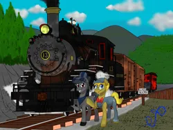 Size: 8093x6094 | Tagged: safe, artist:nivimonster, artist:smokey cinders, derpibooru import, oc, oc:crosby chime, oc:smokey cinders, unofficial characters only, earth pony, pegasus, everfree forest, fanfic art, image, locomotive, photo, png, railroad, steam locomotive, story included, train