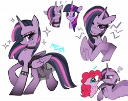 Size: 2048x1623 | Tagged: safe, artist:petaltwinkle, derpibooru import, pinkie pie, twilight sparkle, twilight sparkle (alicorn), alicorn, earth pony, pony, blushing, choker, cute, diapinkes, duality, duo, female, floppy ears, goth, heart, heart eyes, image, jpeg, lesbian, looking at each other, looking at someone, mare, question mark, self paradox, shipping, simple background, sparkles, studded armband, twinkie, white background, wingding eyes