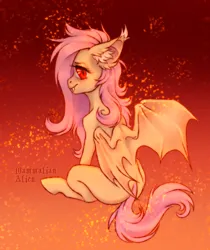 Size: 2796x3332 | Tagged: safe, artist:mammalian_alien, derpibooru import, fluttershy, bat pony, pegasus, pony, bat ponified, bat wings, flutterbat, gradient background, image, long mane, messy hair, messy mane, missing cutie mark, png, race swap, solo, spine, thighs, thin, thunder thighs, wings
