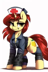 Size: 512x768 | Tagged: safe, derpibooru import, editor:primortal, machine learning assisted, machine learning generated, novelai, stable diffusion, oc, oc:lemon wedge, unofficial characters only, pony, unicorn, fallout equestria, ai content, clothes, fallout, female, field medic, hat, image, jacket, leather bracers, medic, nurse, nurse hat, png, red hair, scar, simple background, solo, white background