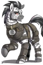 Size: 512x768 | Tagged: safe, derpibooru import, editor:primortal, machine learning assisted, machine learning generated, novelai, stable diffusion, oc, oc:toothen nail, unofficial characters only, zebra, fallout equestria, ai content, armor, belts, fallout, image, leather, leather armor, male, mental scars, patchwork armor, peacekeeper, png, ranger, scar, shellshock, somber, stripes, thousand yard stare, traumatized, zebra oc