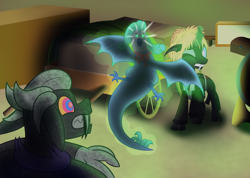 Size: 2800x2000 | Tagged: safe, artist:mightyshockwave, derpibooru import, oc, oc:coxa, oc:untermeyer, unofficial characters only, changeling, cockatrice, gargoyle, tails of equestria, cart, changeling oc, clothes, costume, image, magic, png, telekinesis