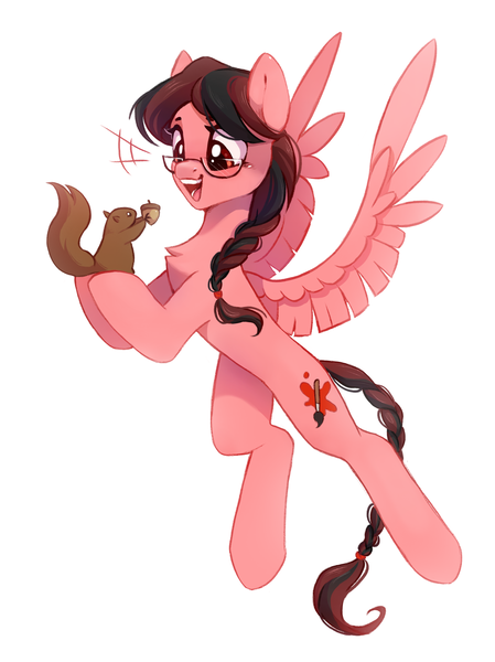 Size: 2149x2869 | Tagged: safe, artist:melodylibris, derpibooru import, oc, unofficial characters only, pegasus, pony, squirrel, acorn, braid, braided tail, cute, emanata, female, flying, glasses, hoof hold, image, mare, png, simple background, solo, spread wings, tail, white background, wings