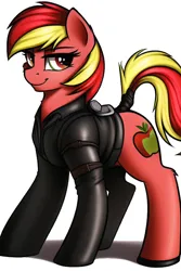 Size: 512x768 | Tagged: safe, derpibooru import, machine learning assisted, machine learning generated, novelai, stable diffusion, oc, oc:apple slice (fallout), unofficial characters only, earth pony, pony, fallout equestria, ai content, apple family member, armor, fallout, female, image, implied apple family member, leather, leather armor, new kid, png, rookie, simple background, stable dweller, war never changes, white background