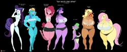 Size: 2251x920 | Tagged: suggestive, artist:smolevn, derpibooru import, applejack, fluttershy, pinkie pie, rainbow dash, rarity, spike, twilight sparkle, anthro, dragon, plantigrade anthro, pony, apple, arm behind head, armpits, belly button, big breasts, black background, blush sticker, blushing, boob freckles, bottom heavy, breasts, busty applejack, busty fluttershy, busty twilight sparkle, chest freckles, cleavage, clothes, diverse body types, eating, fat, fattershy, female, food, freckles, height difference, huge breasts, image, male, mane seven, mane six, mare, midriff, muscles, muscular female, open mouth, panties, png, rainbuff dash, shorts, simple background, thighs, thunder thighs, underwear, wide hips, yawn