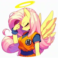 Size: 1024x1024 | Tagged: safe, derpibooru import, machine learning generated, fluttershy, anthro, pegasus, pony, ai content, crossover, dragon ball, eyes closed, female, gi, halo, image, instant transmission, jpeg, mare, prompter:chadwoo0720, simple background, solo, son goku, white background
