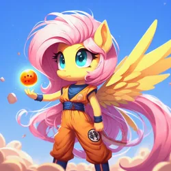 Size: 1024x1024 | Tagged: safe, derpibooru import, machine learning generated, fluttershy, anthro, pegasus, pony, ai content, cloud, dragon ball, dragon ball (object), female, gi, image, jpeg, mare, on a cloud, prompter:chadwoo0720, solo, son goku, spread wings, standing on a cloud, wings