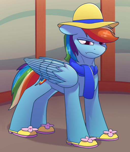 Size: 1748x2048 | Tagged: safe, artist:luther, derpibooru import, rainbow dash, pegasus, pony, clothes, female, folded wings, hat, image, looking at you, mlp fim's thirteenth anniversary, png, rainbow dash always dresses in style, rainbow dash is not amused, shoes, solo, standing, unamused, wings