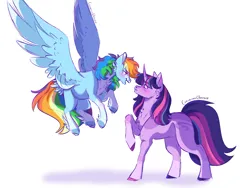 Size: 4000x3000 | Tagged: safe, artist:cinnamoncharm, derpibooru import, rainbow dash, twilight sparkle, pegasus, pony, unicorn, alternate design, blushing, feathered fetlocks, female, image, lesbian, looking at each other, looking at someone, mare, png, shipping, simple background, spread wings, twidash, twitterina design, unicorn twilight, white background, wings