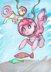 Size: 707x1000 | Tagged: safe, artist:solid shrimp, derpibooru import, fluttershy, pinkie pie, earth pony, fish, pegasus, pony, clothes, cute, diapinkes, diving helmet, duo, female, flowing tail, helmet, image, jpeg, mare, ocean, one-piece swimsuit, pinktober, shyabetes, swimming, swimsuit, tail, underwater, water