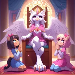 Size: 1024x1024 | Tagged: safe, derpibooru import, machine learning generated, anthro, gryphon, ai content, clothes, crown, female, generator:dall-e 3, image, jewelry, jpeg, kneeling, regalia, skirt, throne, worship