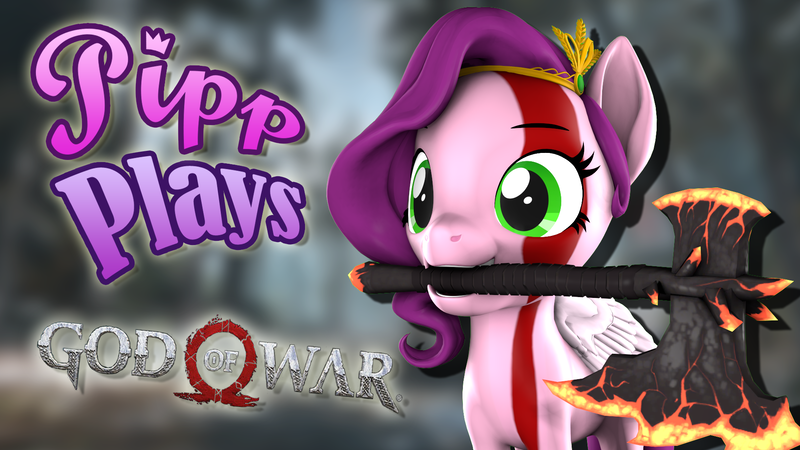 Size: 1920x1080 | Tagged: safe, artist:pika-robo, derpibooru import, pipp petals, pegasus, pony, series:pipp plays, g5, 3d, axe, fake thumbnail, female, g4, g5 to g4, gamer pipp, generation leap, god of war, image, kratos, let's play, mare, markings, mouth hold, png, source filmmaker, weapon, youtube thumbnail