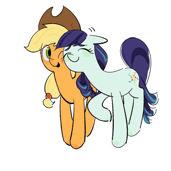 Size: 2048x2048 | Tagged: safe, artist:seywun3, derpibooru import, applejack, coloratura, earth pony, pony, applejack's hat, cowboy hat, cute, duo, eyes closed, female, g4, hairband, hat, high res, image, jpeg, lesbian, mare, nuzzling, one eye closed, raised hoof, rarajack, ship:rarajack, shipping, simple background, smiling, white background