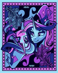 Size: 3277x4096 | Tagged: safe, artist:poxy_boxy, derpibooru import, starlight glimmer, trixie, pony, unicorn, clothes, duo, female, hat, image, jpeg, limited palette, looking at each other, looking at someone, mare, trixie's hat, wizard hat