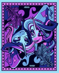 Size: 3277x4096 | Tagged: safe, alternate version, artist:poxy_boxy, derpibooru import, starlight glimmer, trixie, pony, unicorn, clothes, duo, female, hat, image, jpeg, limited palette, looking at each other, looking at someone, mare, trixie's hat, wizard hat