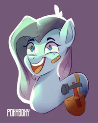 Size: 2708x3384 | Tagged: safe, artist:poxy_boxy, derpibooru import, oc, unofficial characters only, pony, bandaid, female, hammer, image, jpeg, mare, open mouth, smiling, solo