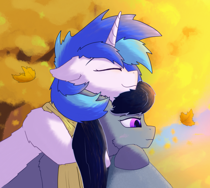Size: 1667x1496 | Tagged: safe, artist:gosha305, derpibooru import, octavia melody, vinyl scratch, earth pony, pony, unicorn, autumn, autumn leaves, blushing, bust, cheek fluff, clothes, cute, duo, eyes closed, female, head on head, horn, hug, image, leaf, leaves, lesbian, mare, missing accessory, multicolored hair, png, portrait, scarf, scratchtavia, shipping, smiling, tavibetes, tired, vinylbetes