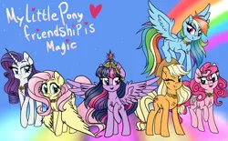 Size: 3234x2000 | Tagged: safe, artist:lostsheep, derpibooru import, applejack, fluttershy, pinkie pie, rainbow dash, rarity, twilight sparkle, twilight sparkle (alicorn), alicorn, earth pony, pegasus, pony, unicorn, element of generosity, element of honesty, element of kindness, element of laughter, element of loyalty, element of magic, elements of harmony, female, group, heart, horns, image, looking at each other, looking at someone, mane six, mlp fim's thirteenth anniversary, png, rainbow, sparkles, spread wings, wings