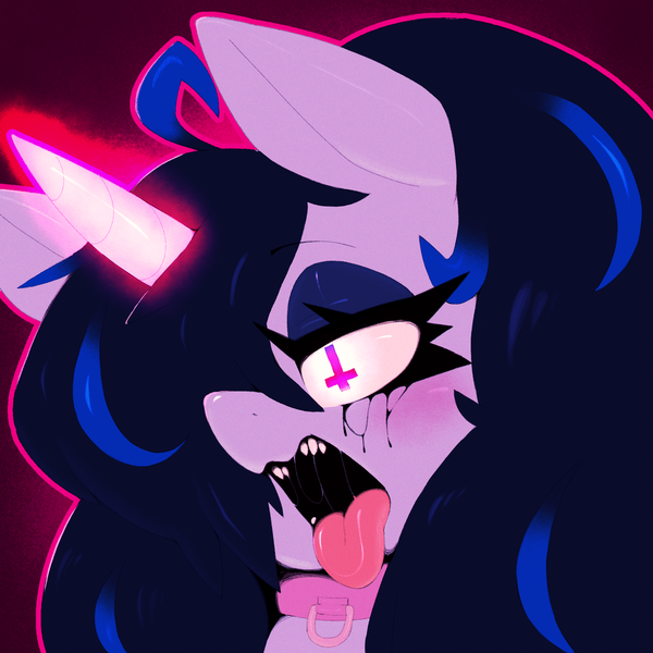 Size: 1563x1564 | Tagged: questionable, artist:sinrizuki, derpibooru import, oc, oc:ephemilie, blue mane, collar, drool, drool string, explicit description, eyeshadow, image, makeup, png, running makeup, sharp teeth, teeth, tongue out