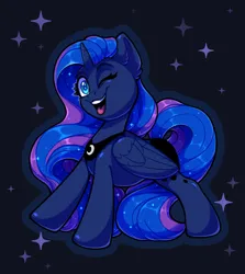 Size: 1723x1930 | Tagged: safe, artist:amishy, derpibooru import, princess luna, alicorn, pony, black background, concave belly, female, image, jpeg, looking at you, mare, one eye closed, open mouth, open smile, simple background, smiling, smiling at you, solo, sparkles, wink, winking at you