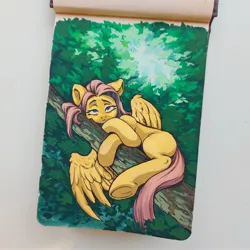 Size: 2560x2560 | Tagged: safe, artist:amishy, derpibooru import, fluttershy, pegasus, pony, female, frog (hoof), gouache, image, in a tree, jpeg, lidded eyes, looking at you, mare, missing cutie mark, solo, traditional art, tree, tree branch, underhoof
