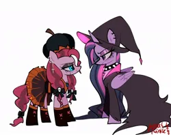 Size: 1024x812 | Tagged: safe, artist:petaltwinkle, derpibooru import, pinkie pie, twilight sparkle, twilight sparkle (alicorn), alicorn, earth pony, pony, choker, clothes, costume, dress, duo, duo female, female, goth, halloween, halloween costume, hat, holiday, image, jpeg, lesbian, looking at each other, looking at someone, mare, nightmare night costume, pumpkin hat, shipping, signature, simple background, spiked choker, twinkie, white background, witch costume, witch hat