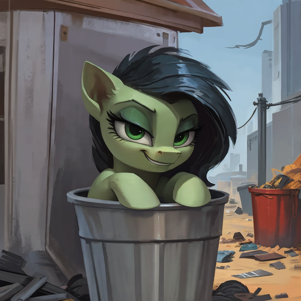 Size: 1024x1024 | Tagged: safe, derpibooru import, machine learning generated, oc, oc:anonfilly, earth pony, pony, ai content, female, filly, image, png, smiling, smug, solo, trash, trash can