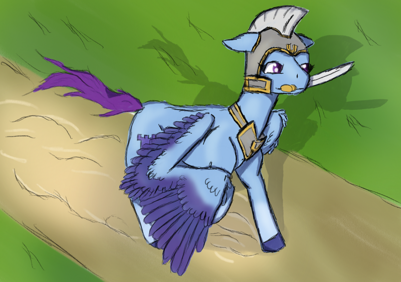 Size: 2480x1748 | Tagged: safe, anonymous artist, derpibooru import, pegasus, pony, g5, armor, colored, colored sketch, derpibooru exclusive, dust cloud, female, guardsmare, helmet, image, mare, mouth hold, pegasus royal guard, png, royal guard, running, shadow, simple background, sketch, solo, spread wings, sword, weapon, white background, wings, zoom zephyrwing