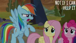 Size: 828x465 | Tagged: safe, derpibooru import, edit, edited screencap, editor:quoterific, screencap, fluttershy, pinkie pie, rainbow dash, the ending of the end, image, jpeg