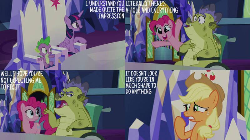 Size: 828x465 | Tagged: safe, derpibooru import, edit, edited screencap, editor:quoterific, screencap, applejack, pinkie pie, spike, twilight sparkle, father knows beast, image, jpeg, sludge (g4)