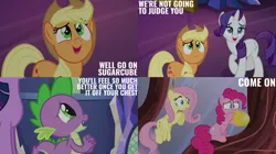 Size: 828x465 | Tagged: safe, derpibooru import, edit, edited screencap, editor:quoterific, screencap, applejack, fluttershy, pinkie pie, rarity, spike, twilight sparkle, the one where pinkie pie knows, image, jpeg