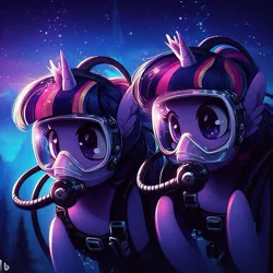 Size: 519x519 | Tagged: safe, derpibooru import, machine learning generated, twilight sparkle, ai content, dive mask, double, generator:bing image creator, goggles, image, jpeg, mirror pool clone, scuba diving, scuba gear, underwater, water