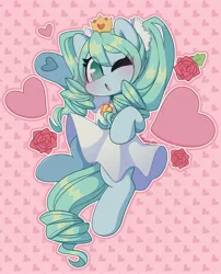 Size: 2506x3104 | Tagged: safe, artist:sakukitty, derpibooru import, kotobukiya, ponified, pony, anime, blushing, clothes, crown, dress, eye clipping through hair, floating, flower, hatsune miku, heart, hoof heart, image, jewelry, jpeg, kotobukiya hatsune miku pony, looking at you, one eye closed, open mouth, pigtails, regalia, rose, solo, underhoof, vocaloid, waving, wink