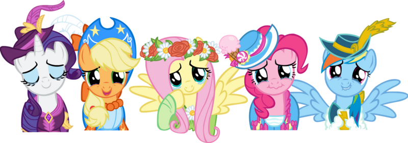 Size: 1511x529 | Tagged: safe, artist:kapicator, derpibooru import, applejack, fluttershy, pinkie pie, rainbow dash, rarity, magical mystery cure, crying, floral head wreath, flower, hat, image, png, remane five, simple background, tears of joy, teary eyes, transparent background, vector, wavy mouth