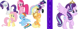 Size: 1450x551 | Tagged: safe, artist:littlewingedkuriboh, derpibooru import, applejack, fluttershy, pinkie pie, rainbow dash, rarity, starlight glimmer, twilight sparkle, alicorn, alicornified, alternate universe, get those bitches off this website💀💀💀💀💀💀💀💀, image, jewelry, link in source, mane six, png, race swap, spiderverse, starlicorn, tiara, twilight snapple, vector, xk-class end-of-the-world scenario