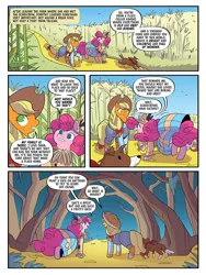 Size: 768x1024 | Tagged: safe, artist:jenna ayoub, derpibooru import, idw, official, applejack, pinkie pie, winona, dog, earth pony, pony, spoiler:comic, applejack's hat, bandana, bow, clothes, comic, cornfield, cowboy hat, creature, dark jungle & forest, dialogue box, dorothy gale, farm, female, forest, g4, hair bow, hat, image, jpeg, jungle, mare, munchkin country, my little pony classics reimagined: the unicorn of odd, nature, official comic, overalls, oz, scarecrow, silver shoes, speech bubble, the land of oz, the scarecrow, the unicorn of odd, the wizard of oz, toto, tree, yellow brick road