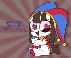 Size: 2800x2300 | Tagged: safe, artist:stickersdoodle, derpibooru import, ponified, earth pony, pony, female, hat, image, jester, jester hat, jpeg, mare, pomni, sitting, solo, text, the amazing digital circus, unshorn fetlocks