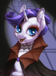 Size: 2090x2850 | Tagged: safe, artist:taytinabelle, derpibooru import, rarity, pony, undead, unicorn, vampire, vampony, cape, clothes, costume, derpibooru exclusive, ear fluff, eyeshadow, fangs, female, halloween, halloween costume, holiday, image, lace, looking at you, makeup, mare, open mouth, png, smiling, solo